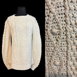 Handmade M Ivory Cable Popcorn Chunky Knit Acrylic Fisherman Pullover Sweater